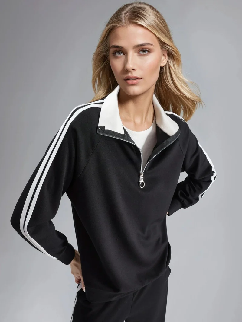 Hiccup Black Modal Touch Wide Leg Striped Two-Piece Coord Set with Zipper Collar Bersan Collection for Women | Best Price UAE